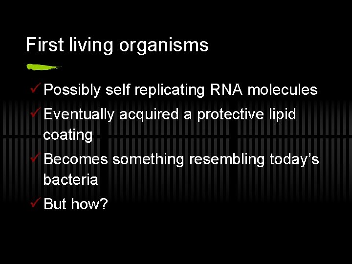 First living organisms ü Possibly self replicating RNA molecules ü Eventually acquired a protective