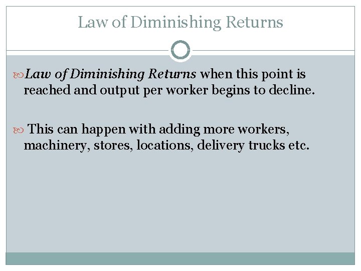 Law of Diminishing Returns when this point is reached and output per worker begins