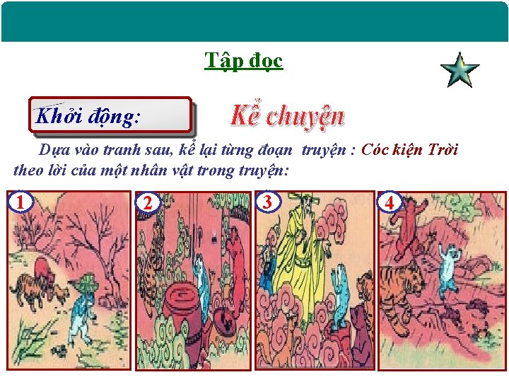 Tập đọc Khởi động: Dựa vào tranh sau, kể lại từng đoạn truyện :