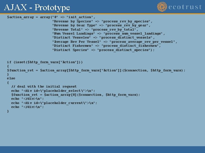 AJAX - Prototype $action_array = array("0" => "init_action", "Revenue by Species" => "process_rev_by_species", "Revenue AJAX - Prototype $action_array = array("0" => "init_action", "Revenue by Species" => "process_rev_by_species", "Revenue