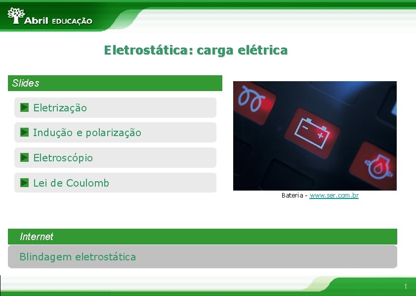 Eletrostática: carga elétrica Slides Eletrização Indução e polarização Eletroscópio Lei de Coulomb Bateria -