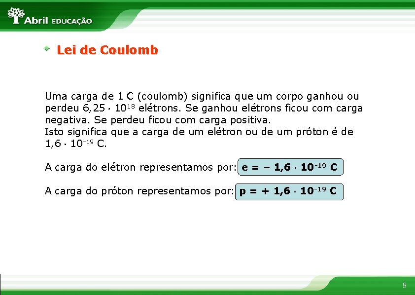 Lei de Coulomb Uma carga de 1 C (coulomb) significa que um corpo ganhou