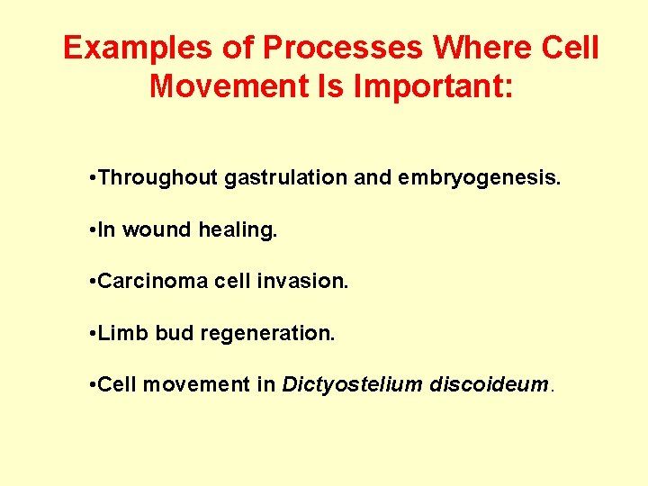 Examples of Processes Where Cell Movement Is Important: • Throughout gastrulation and embryogenesis. •