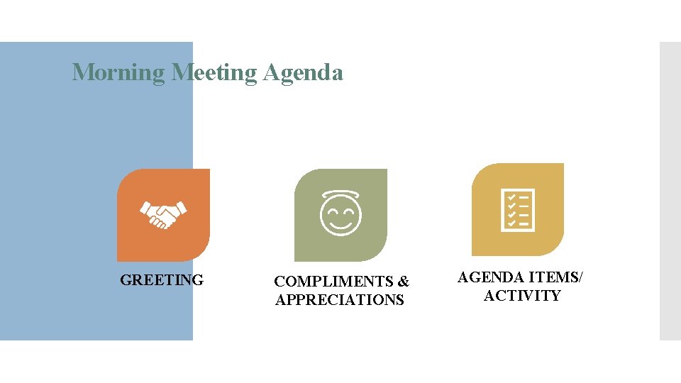 Morning Meeting Agenda GREETING COMPLIMENTS & APPRECIATIONS AGENDA ITEMS/ ACTIVITY 