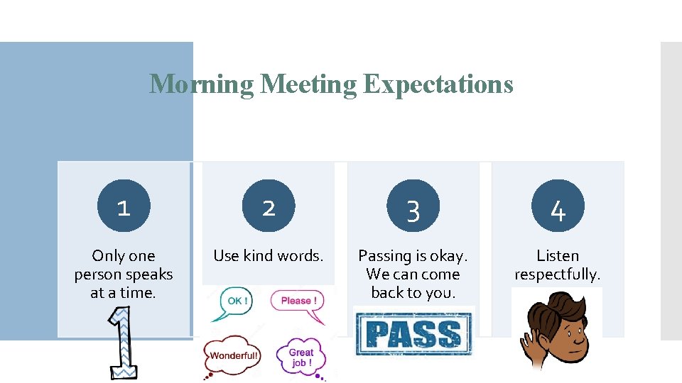 Morning Meeting Expectations 1 2 3 4 Only one person speaks at a time.