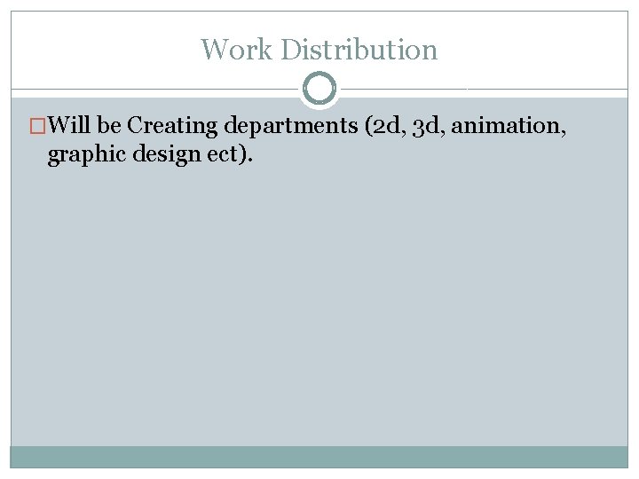 Work Distribution �Will be Creating departments (2 d, 3 d, animation, graphic design ect).
