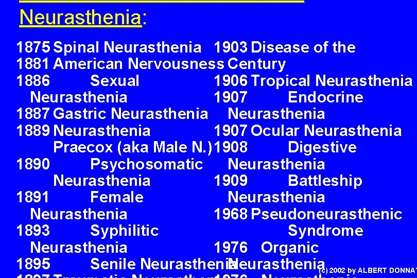 30 Focus on Variations of 1869 Neurasthenia: 1875 Spinal Neurasthenia 1903 Disease of the
