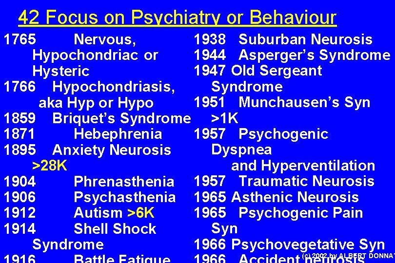 42 Focus on Psychiatry or Behaviour 1938 Suburban Neurosis 1765 Nervous, 1944 Asperger’s Syndrome