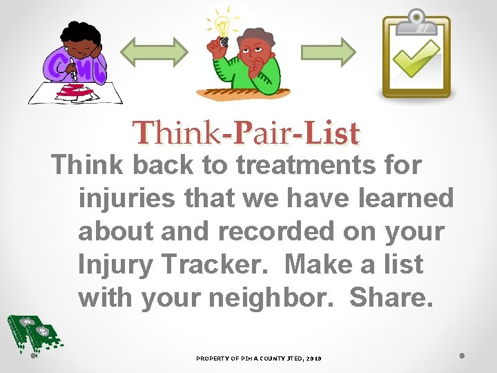 Think-Pair-List Think back to treatments for injuries that we have learned about and recorded