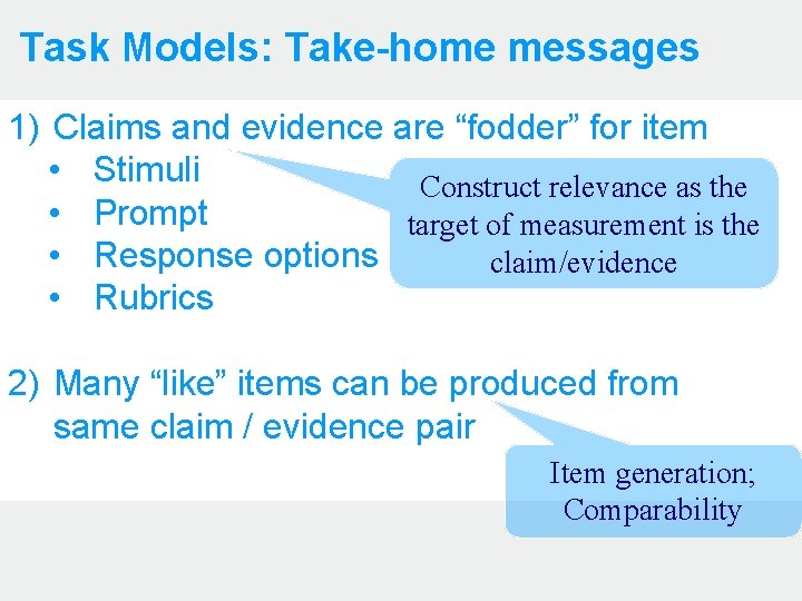 Task Models: Take-home messages 1) Claims and evidence are “fodder” for item • Stimuli