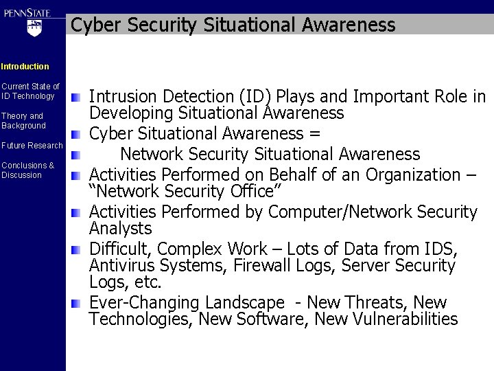 Cyber Security Situational Awareness Introduction Current State of ID Technology Theory and Background Future