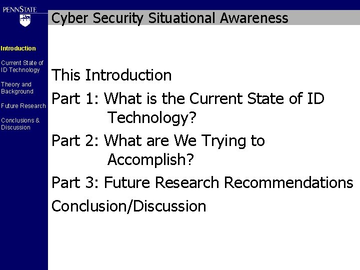 Cyber Security Situational Awareness Introduction Current State of ID Technology Theory and Background Future