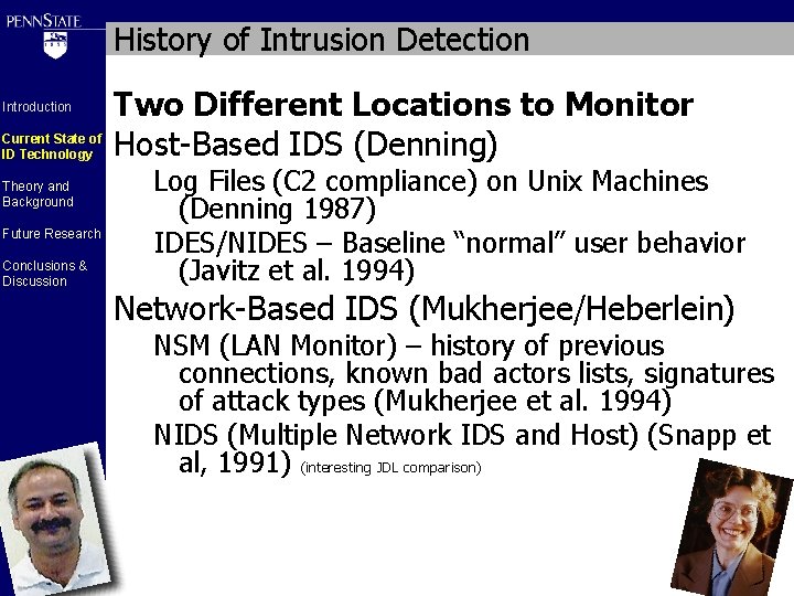 History of Intrusion Detection Introduction Current State of ID Technology Theory and Background Future