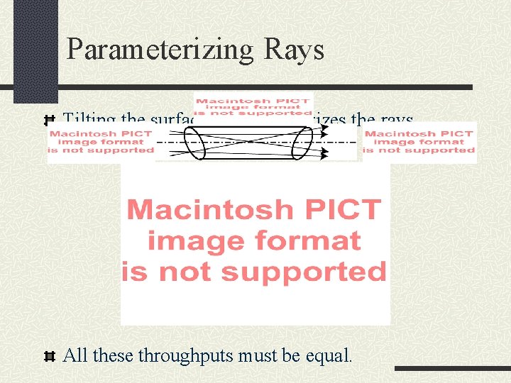 Parameterizing Rays Tilting the surfaces reparameterizes the rays All these throughputs must be equal.
