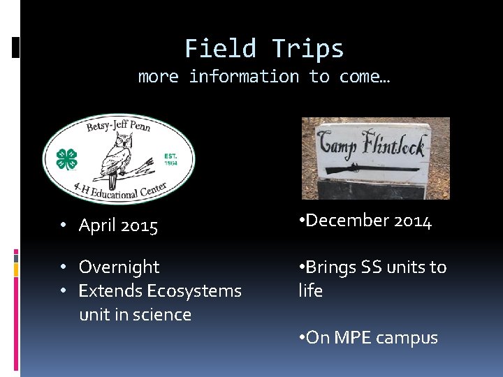 Field Trips more information to come… • April 2015 • December 2014 • Overnight