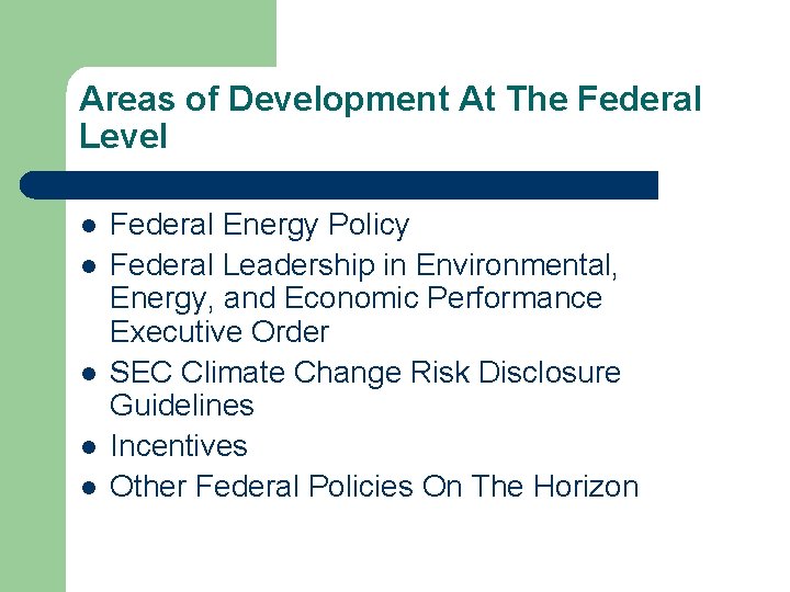 Areas of Development At The Federal Level l l Federal Energy Policy Federal Leadership