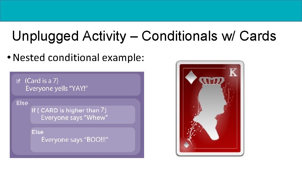 Unplugged Activity – Conditionals w/ Cards • Nested conditional example: 