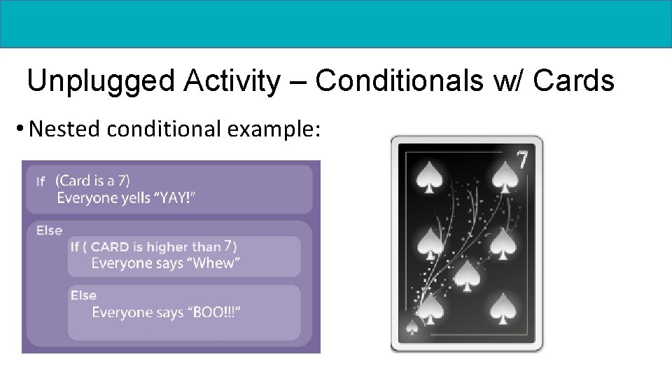 Unplugged Activity – Conditionals w/ Cards • Nested conditional example: 