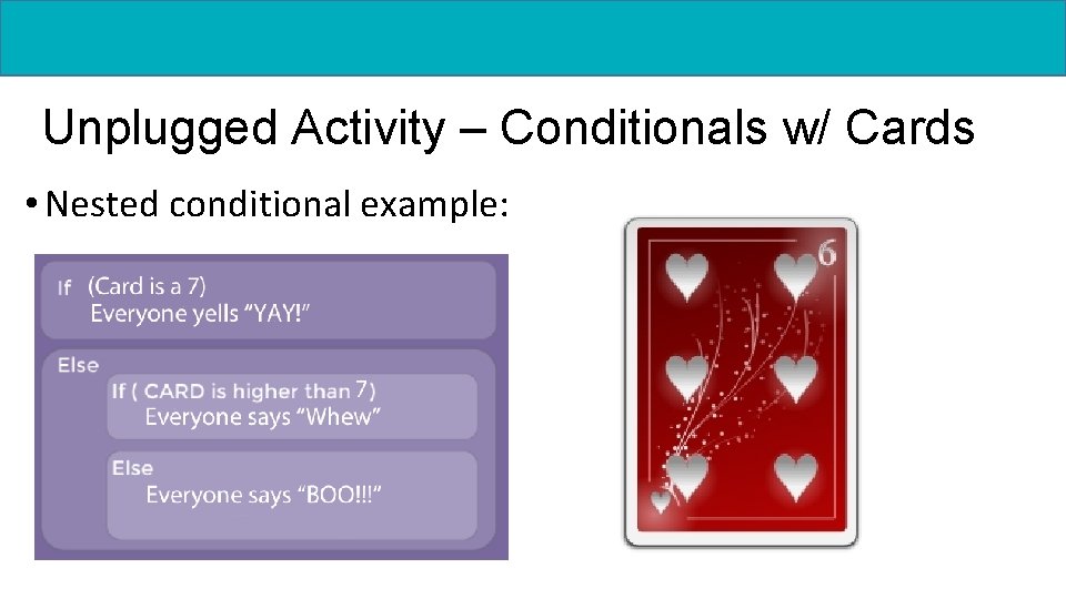 Unplugged Activity – Conditionals w/ Cards • Nested conditional example: 