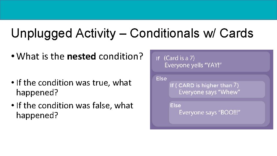 Unplugged Activity – Conditionals w/ Cards • What is the nested condition? • If