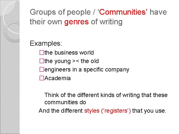 Groups of people / ‘Communities’ have their own genres of writing Examples: �the business