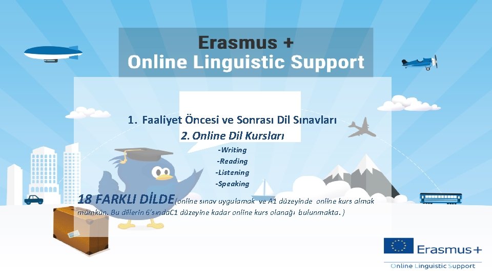 1. Faaliyet Öncesi ve Sonrası Dil Sınavları 2. Online Dil Kursları -Writing -Reading -Listening