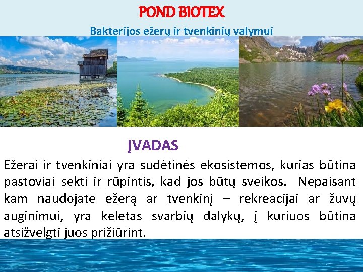 POND BIOTEX Bakterijos ežerų ir tvenkinių valymui ĮVADAS Ežerai ir tvenkiniai yra sudėtinės ekosistemos,