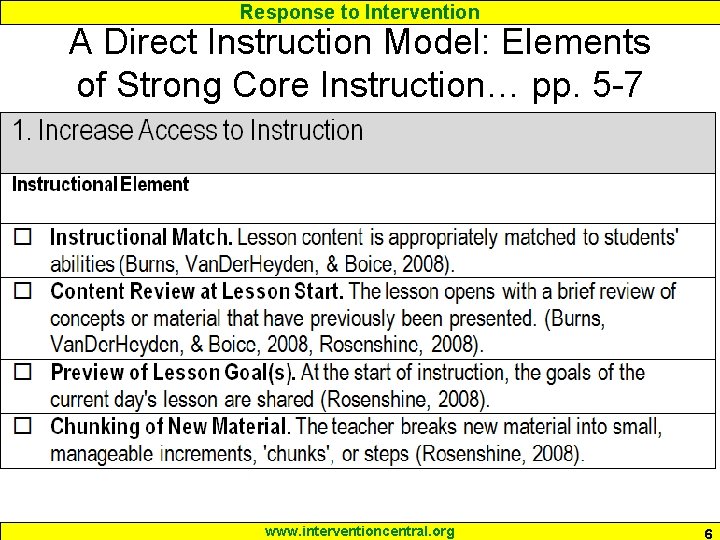 Response to Intervention A Direct Instruction Model: Elements of Strong Core Instruction… pp. 5