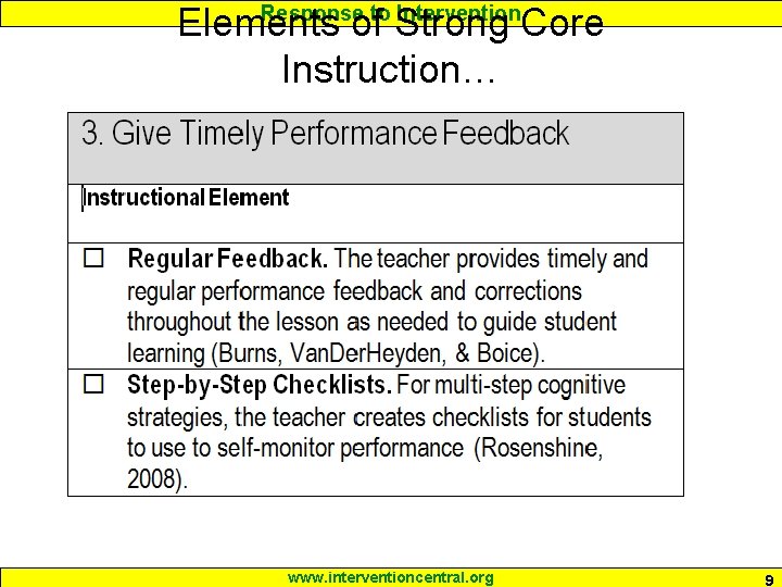 Elements of Strong Core Instruction… Response to Intervention www. interventioncentral. org 9 