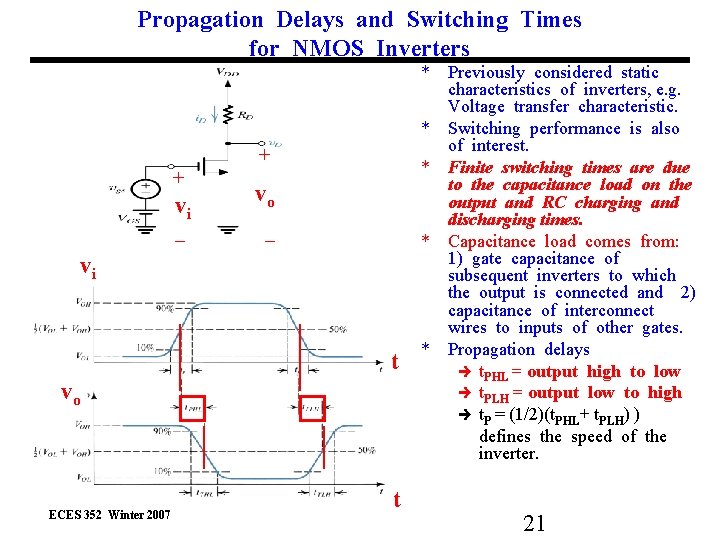 Propagation Delays and Switching Times for NMOS Inverters + + vi _ vo _