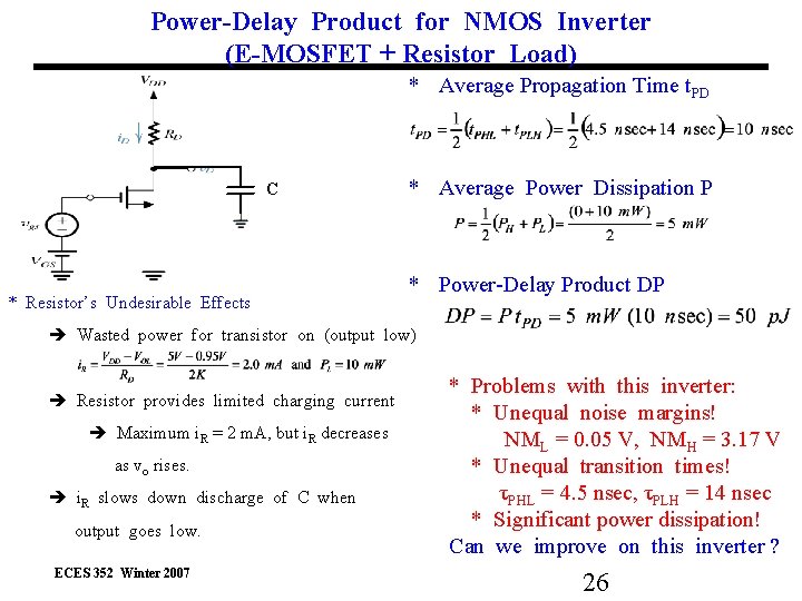 Power-Delay Product for NMOS Inverter (E-MOSFET + Resistor Load) * Average Propagation Time t.