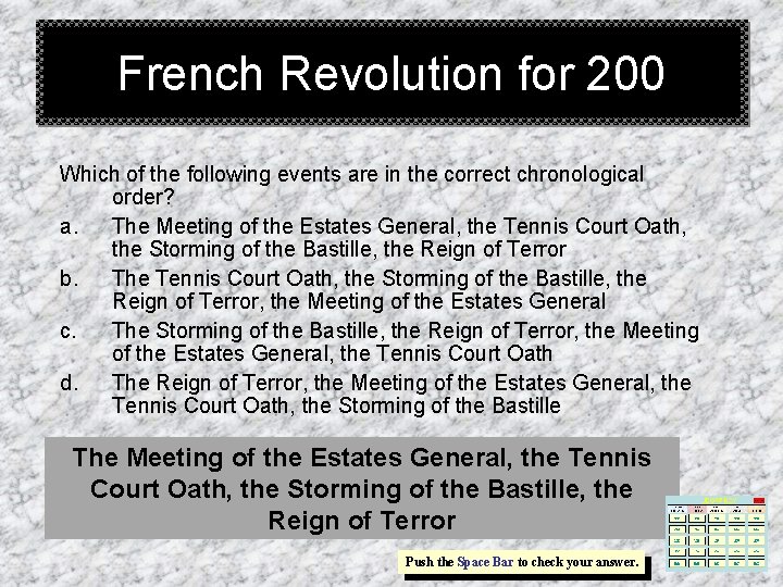 French Revolution for 200 Which of the following events are in the correct chronological