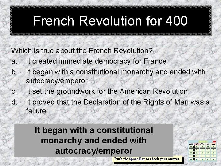 French Revolution for 400 Which is true about the French Revolution? a. It created