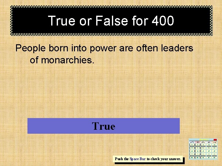 True or False for 400 People born into power are often leaders of monarchies.