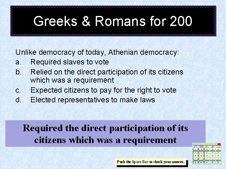 Greeks & Romans for 200 Unlike democracy of today, Athenian democracy: a. Required slaves