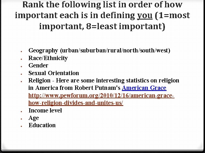 Rank the following list in order of how important each is in defining you