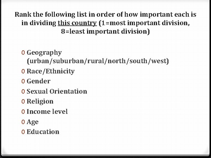 Rank the following list in order of how important each is in dividing this