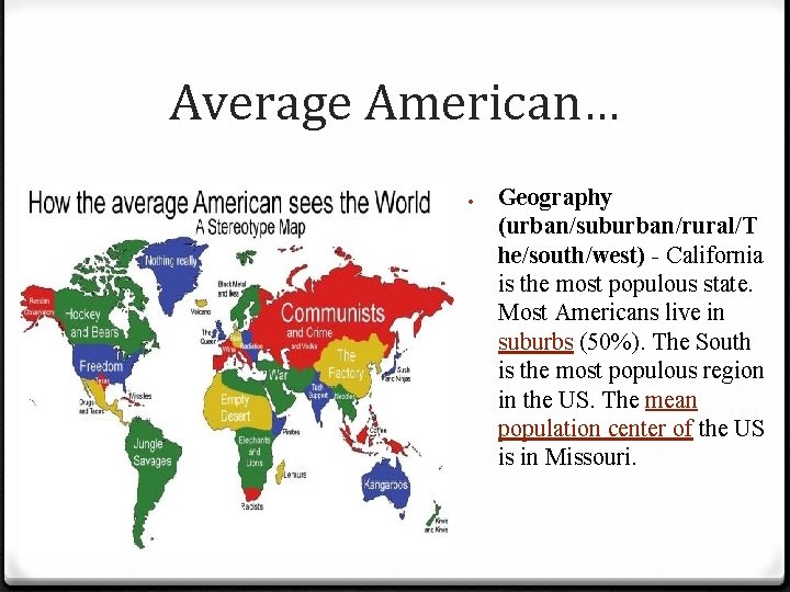 Average American… Geography (urban/suburban/rural/T he/south/west) - California is the most populous state. Most Americans