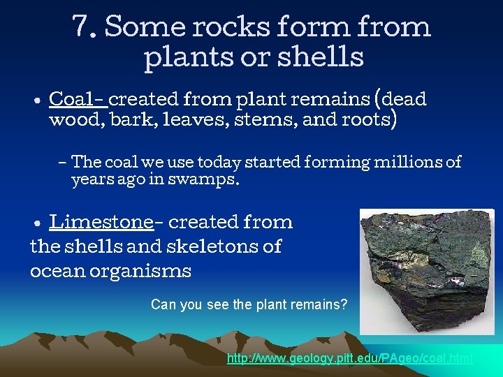 7. Some rocks form from plants or shells • Coal- created from plant remains