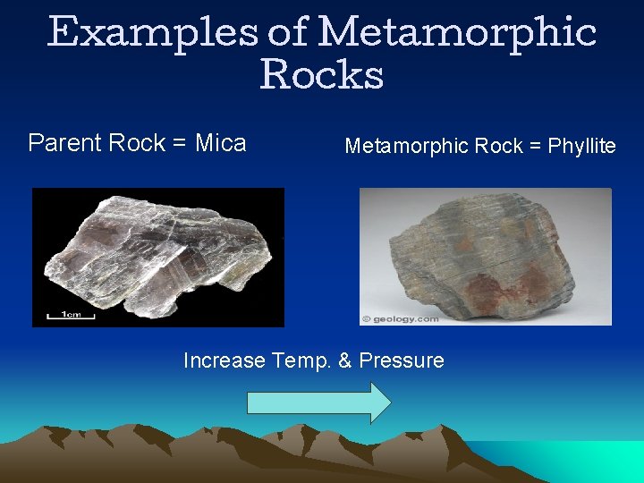 Examples of Metamorphic Rocks Parent Rock = Mica Metamorphic Rock = Phyllite Increase Temp.