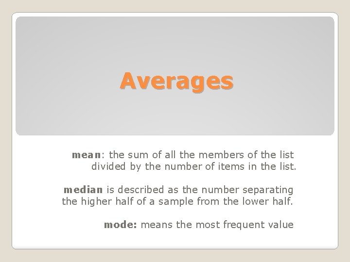 Averages mean: the sum of all the members of the list divided by the