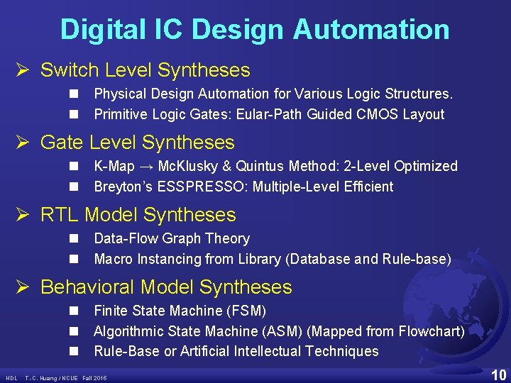 Digital IC Design Automation Ø Switch Level Syntheses n n Physical Design Automation for