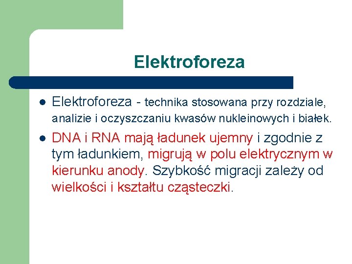 Elektroforeza l Elektroforeza - technika stosowana przy rozdziale, analizie i oczyszczaniu kwasów nukleinowych i