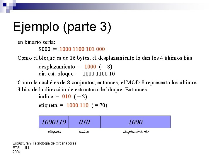 Ejemplo (parte 3) en binario sería: 9000 = 1000 1100 101 000 Como el