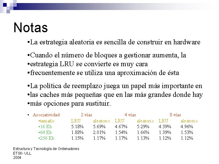 Notas • La estrategia aleatoria es sencilla de construir en hardware • Cuando el