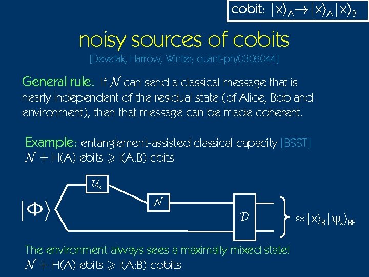 cobit: |xi. A!|xi. A|xi. B noisy sources of cobits [Devetak, Harrow, Winter; quant-ph/0308044] General