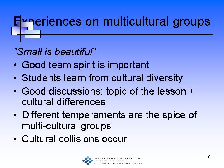 Experiences on multicultural groups ”Small is beautiful” • Good team spirit is important •