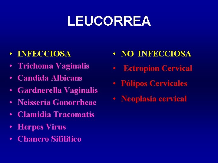 LEUCORREA • • INFECCIOSA Trichoma Vaginalis Candida Albicans Gardnerella Vaginalis Neisseria Gonorrheae Clamidia Tracomatis