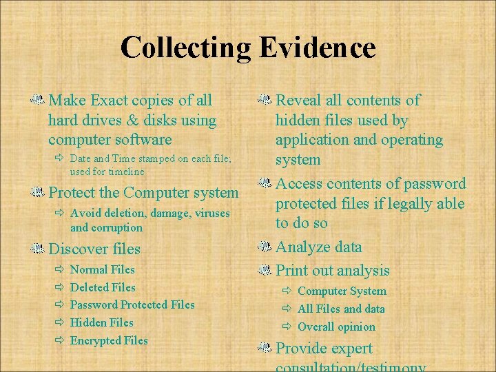 Collecting Evidence Make Exact copies of all hard drives & disks using computer software