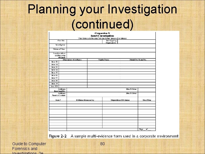 Planning your Investigation (continued) Guide to Computer Forensics and 80 